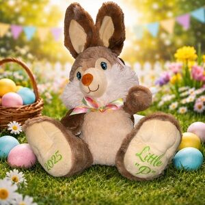 Gray and Cream Plush Bunny with Colorful Bow, personalized